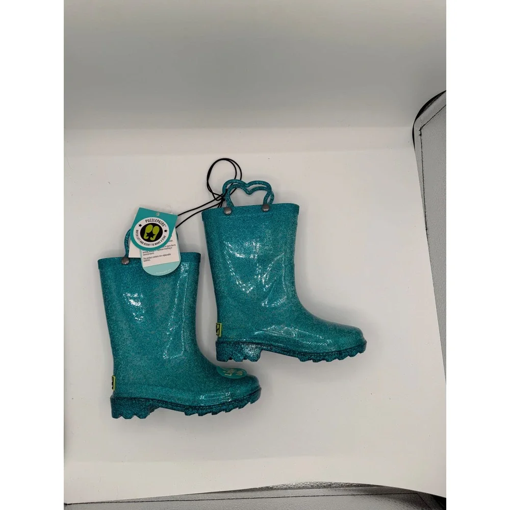 Western‎ Chief Abby Glitter Lighted Teal Rain Boots Girls Size 9 Heart Handles